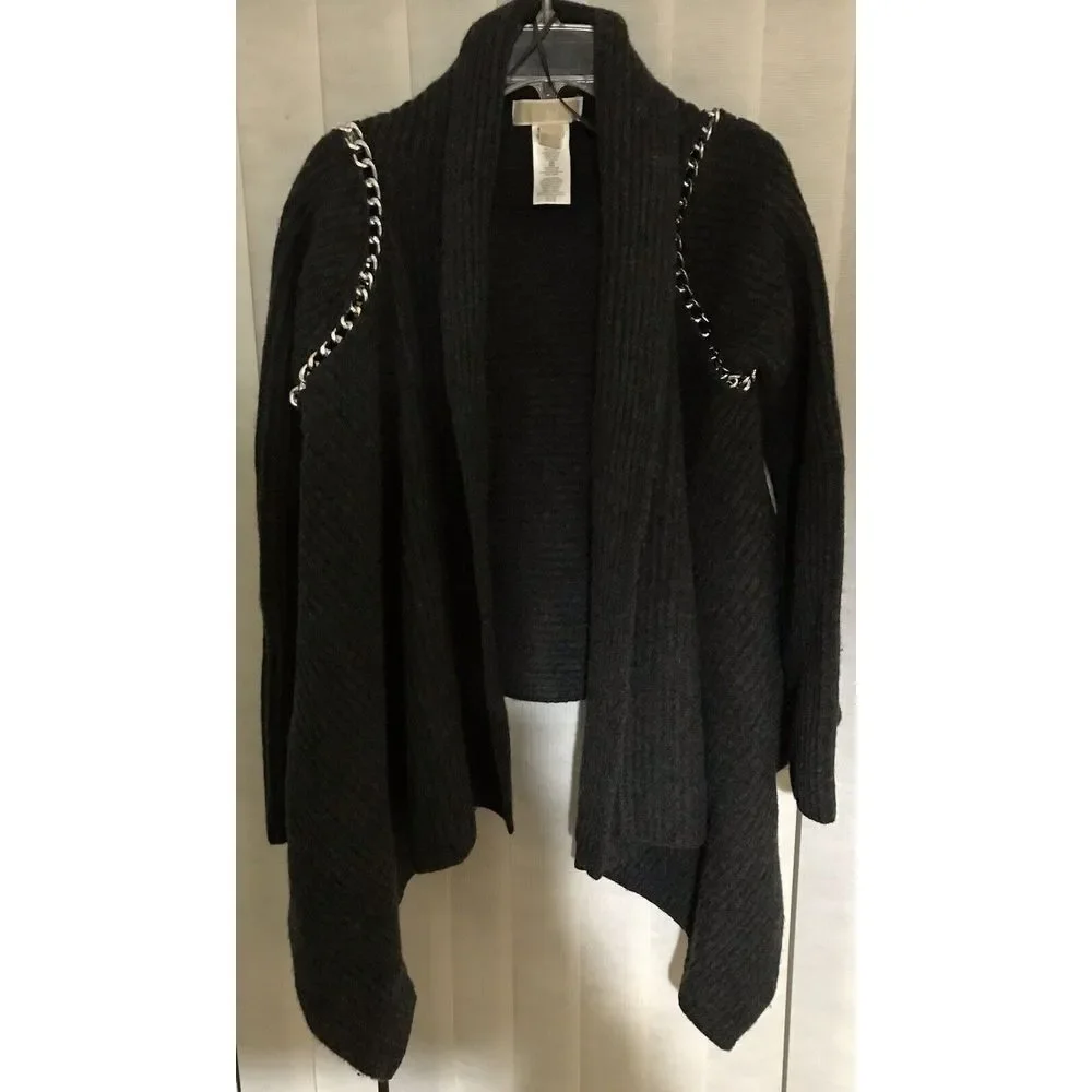 Michael Kors Gray Sweater Cardigan 100% Lamb‎ Wool Silver Chain Long Sleeve XS